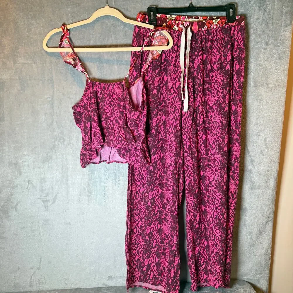 Maaji Pink Snakeskin Matching Set Crop Top Wide Leg Pants Boho Resort M